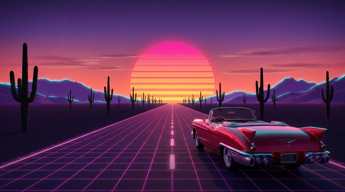 Synthwave Sunset Over an Empty Desert Highway with a Vintage Convertible output 1