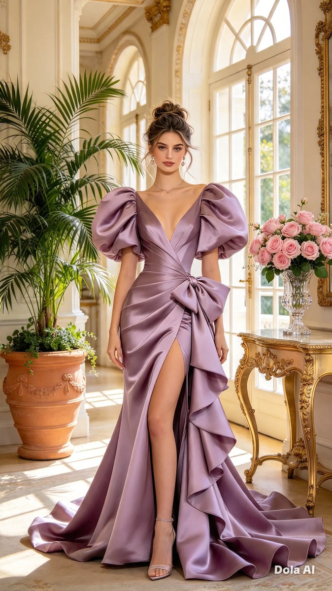 Woman in a Dusty-Lilac Satin Mermaid Gown