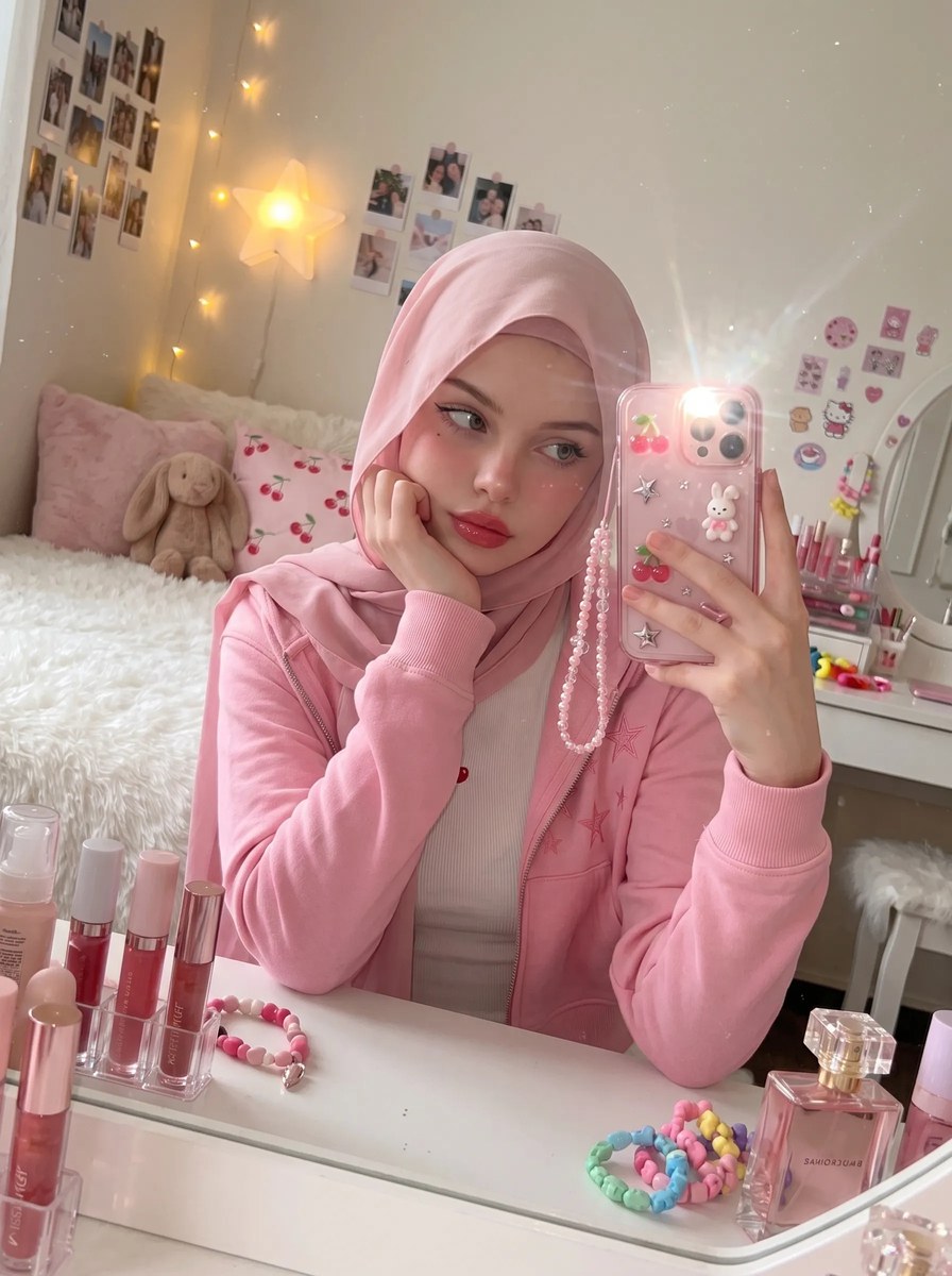 Pink Hijab Bedroom Mirror Selfie output 11