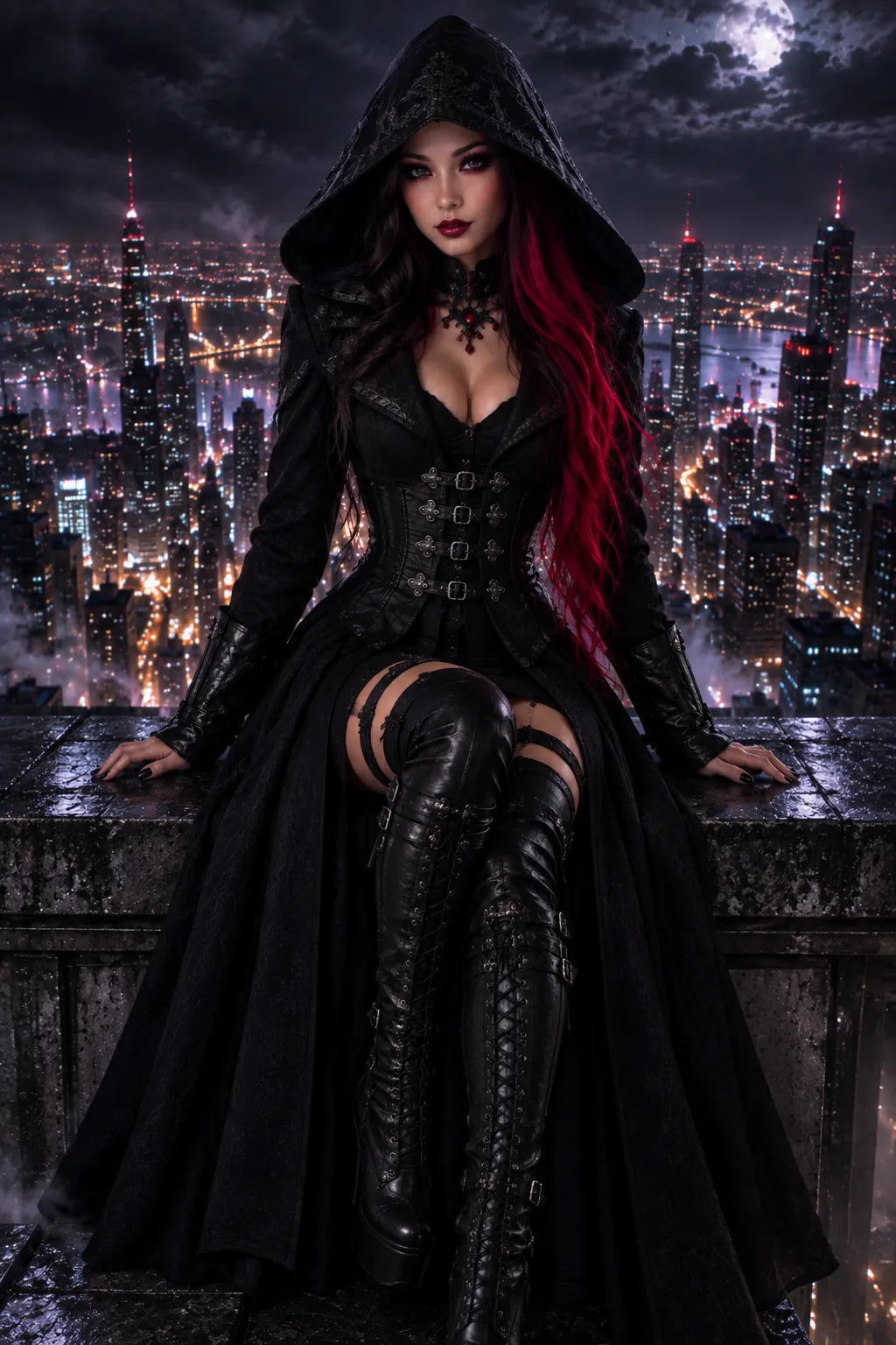 Cinematic Gothic Rooftop Fashion Portrait output 1