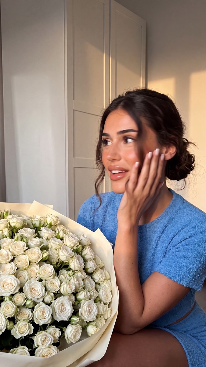 Candid Motion-Blurry Portrait with White Spray Roses