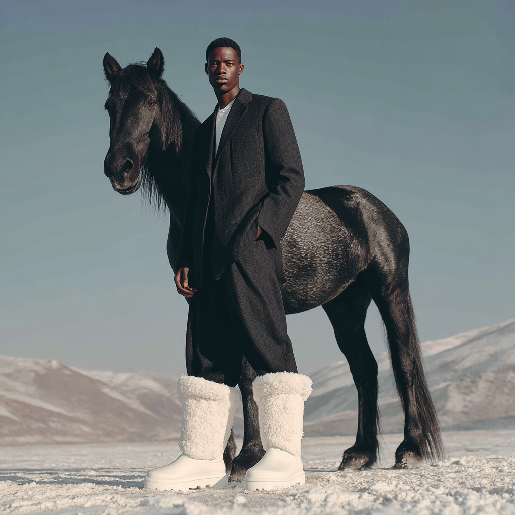 Haute Couture Winter Portrait with a Black Horse