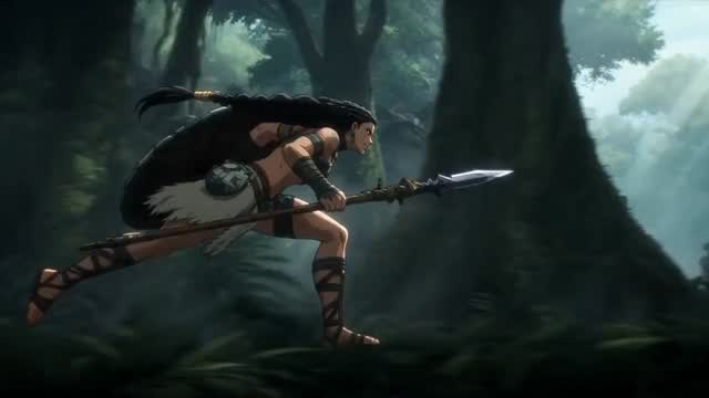 Amazon Queen Battles a Prehistoric Beast