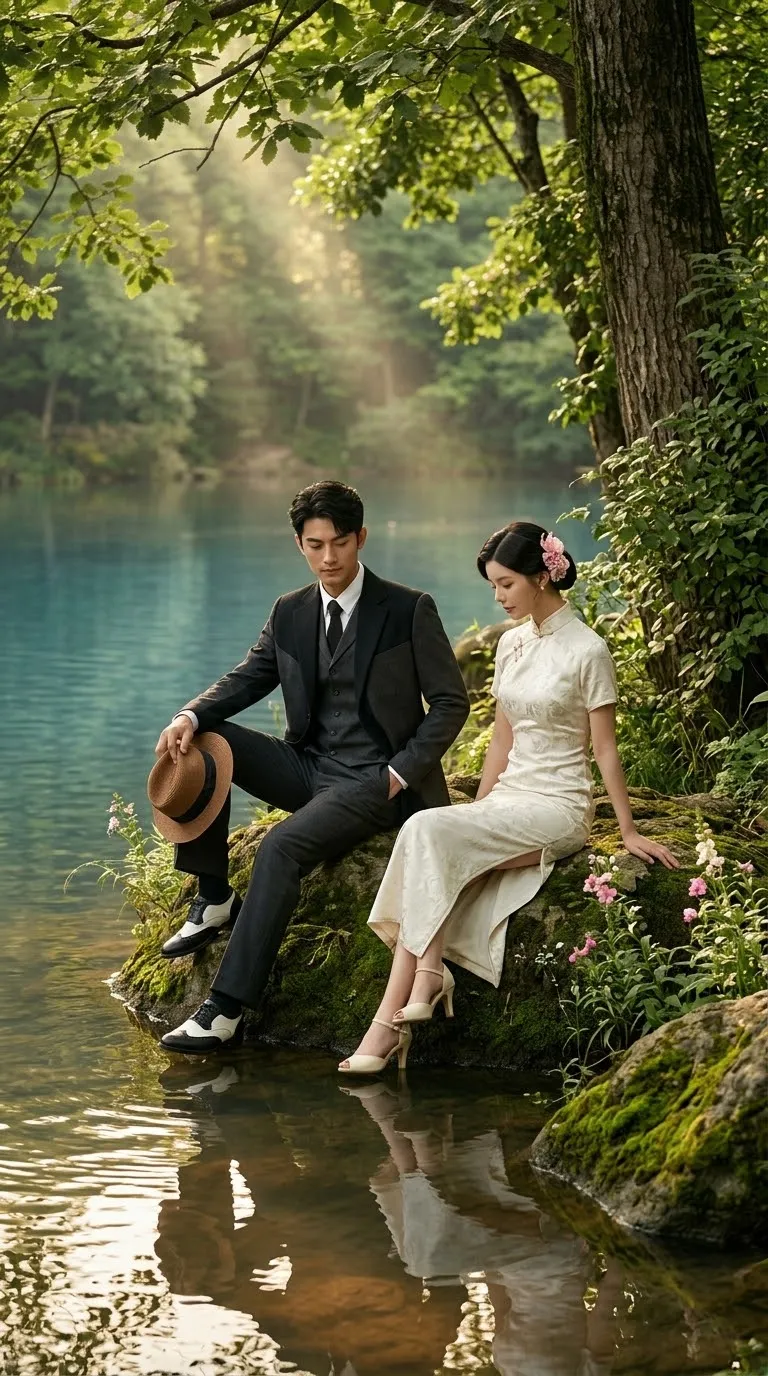 Romantic Couple at a Forest Lakeside