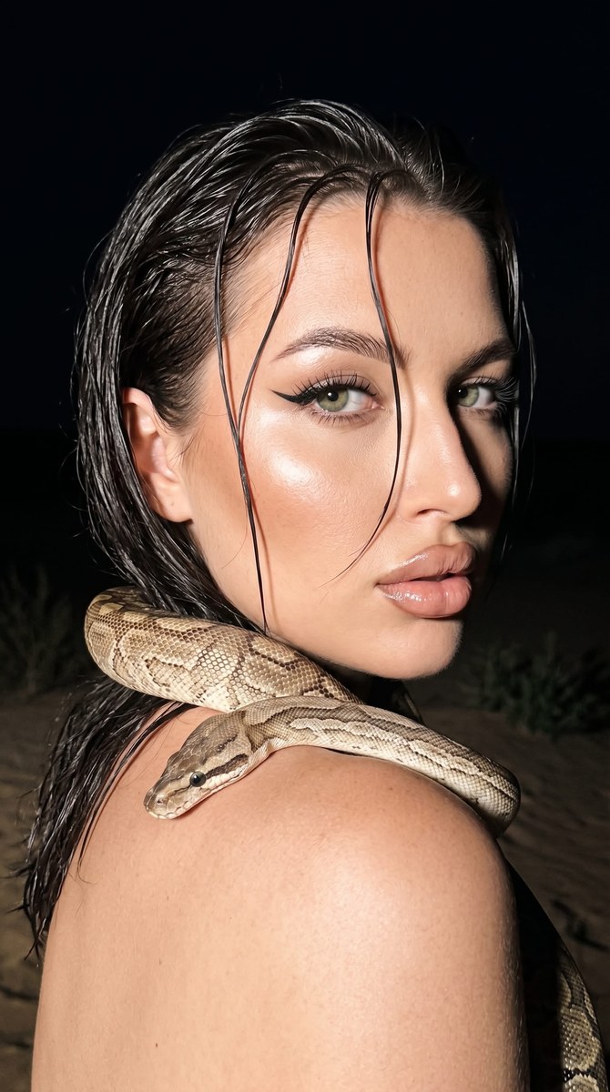 Dramatic Y2K Desert Portrait with a Snake