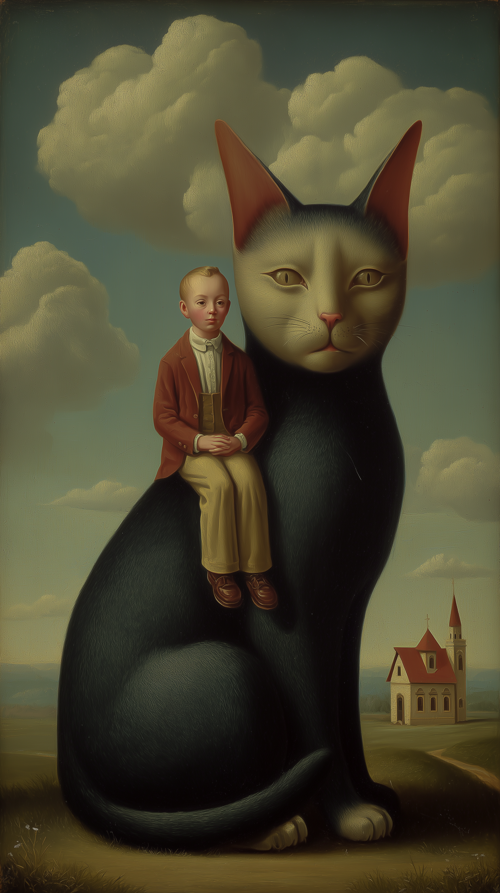 Poetic Scene of a Boy Perched on a Cat output 1