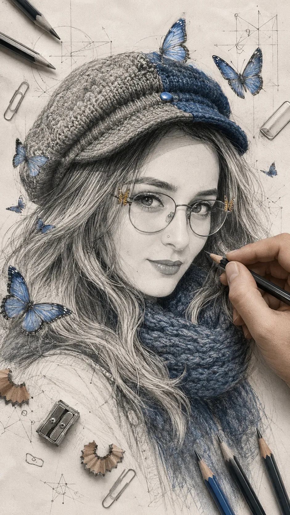 Graphite Portrait with Blue and Gold Accents