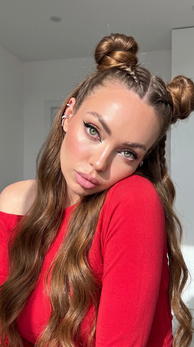 Hyperrealistic Glamour Selfie with Braided Buns output 2