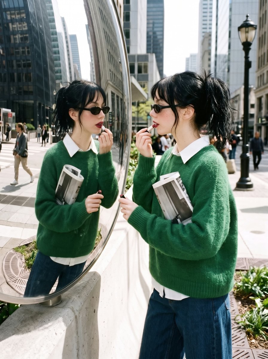 Street-Style Portrait Beside a Curved Mirror output 3