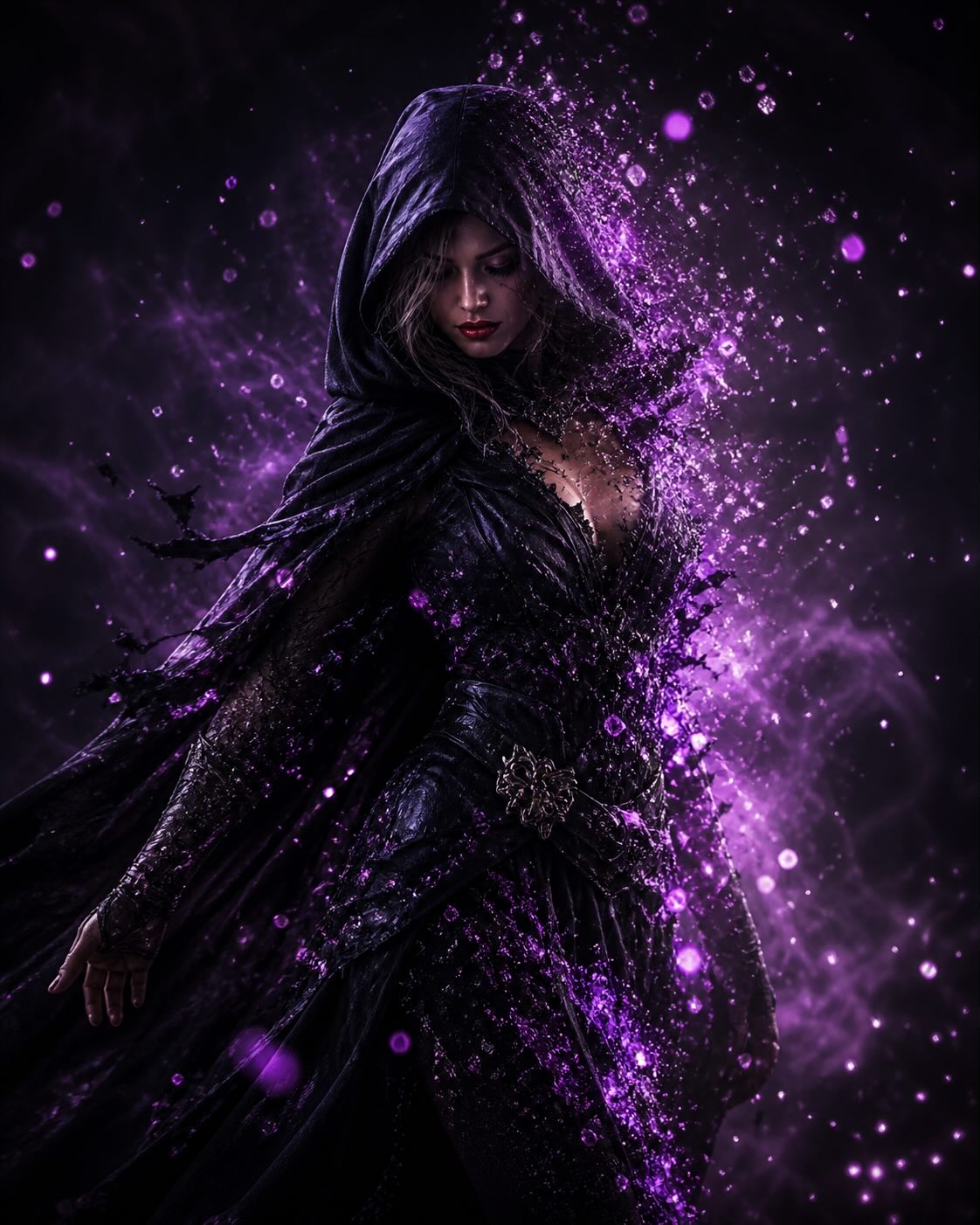 Hooded Figure Emerging from Purple Particles