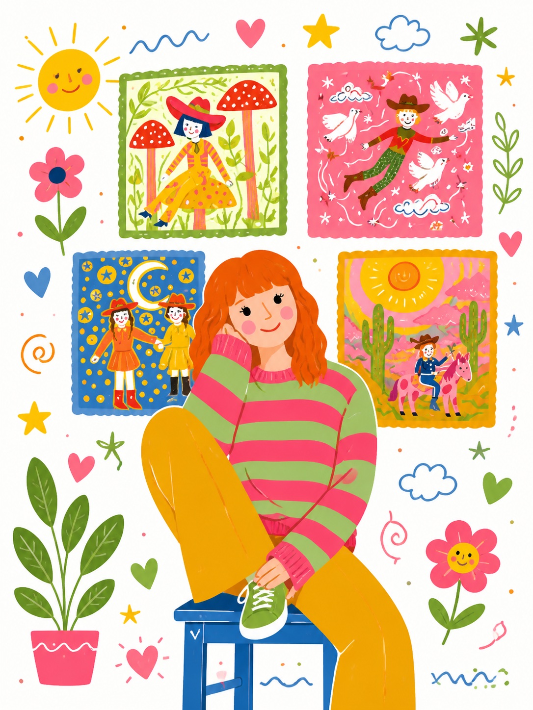 Decorative Folk Flat Illustration with Doodles