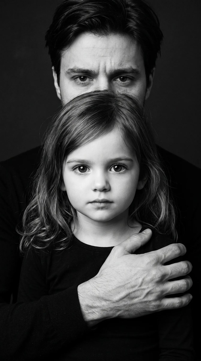 Black-and-White Father and Daughter Studio Portrait