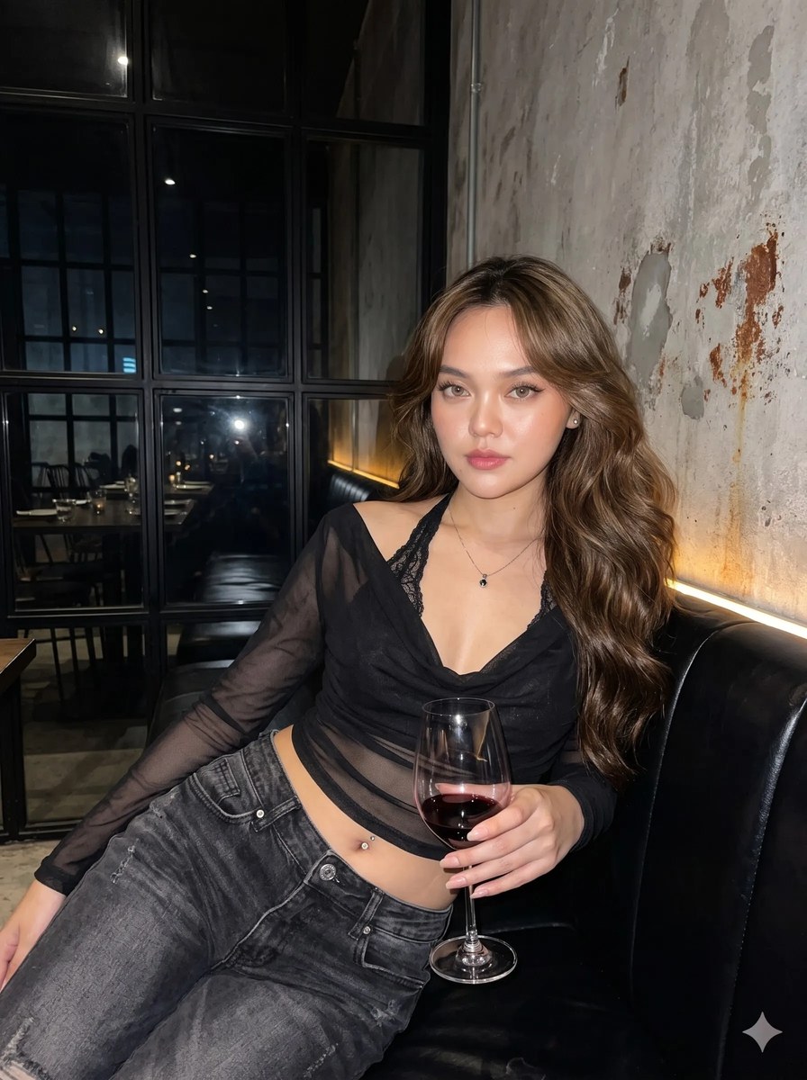 Direct-Flash Nightlife Portrait in a Dark Restaurant output 1