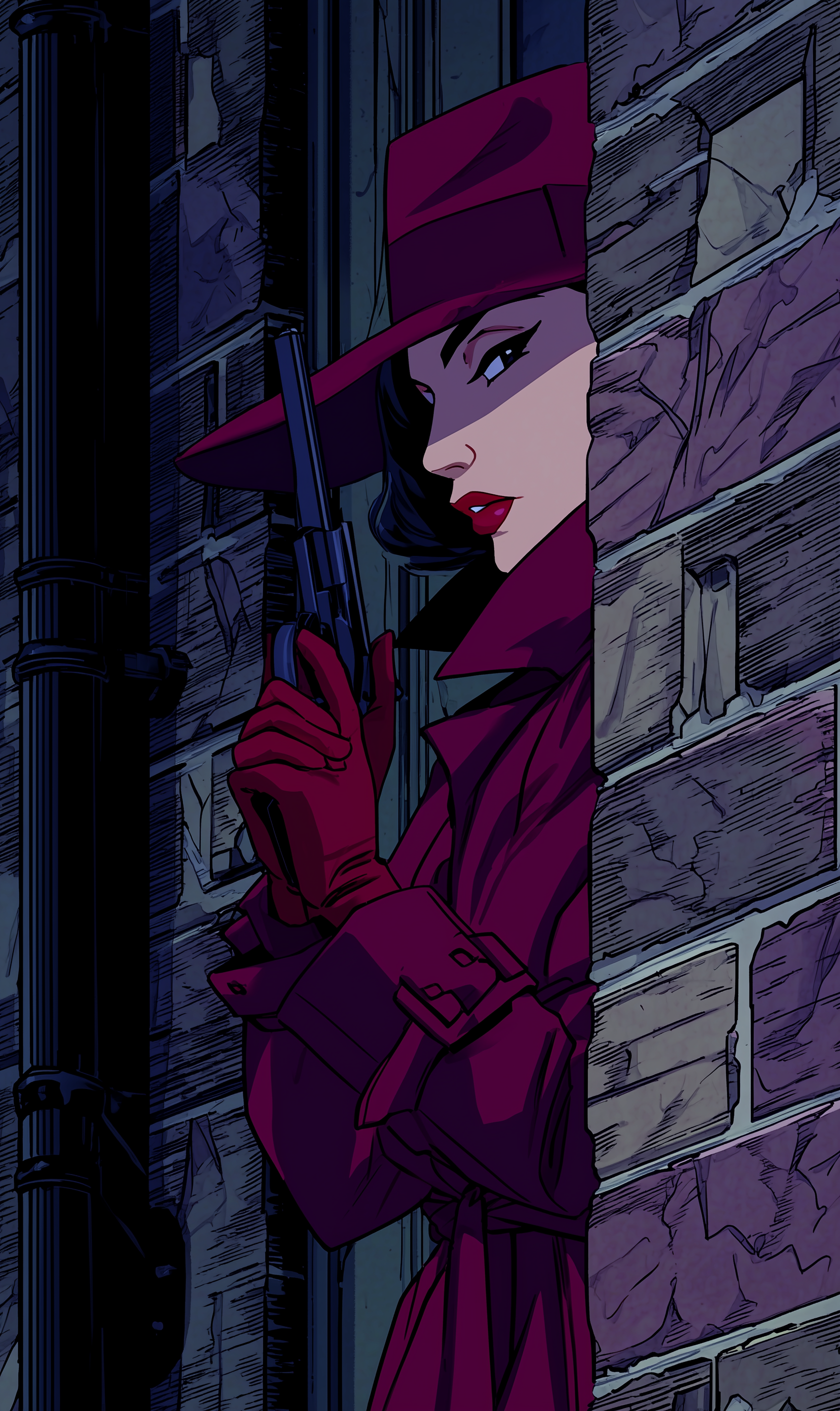 Noir Lady Detective Hiding with a Gun