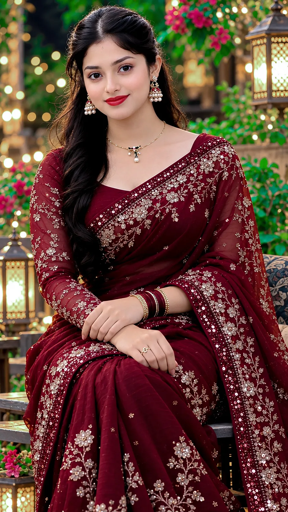 Young Woman in a Maroon Saree in a Lantern-Lit Garden