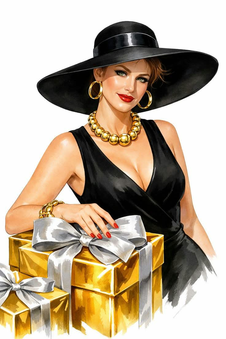 Luxury Fashion Illustration with Golden Gift Boxes