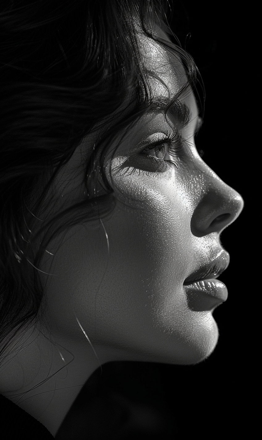 Minimalist Black-and-White Portrait of a Woman in Shadow