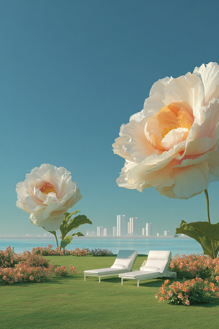 Surreal Garden with Oversized Silk-Like Flowers
