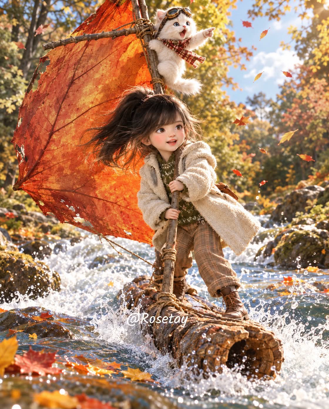 Autumn Raft Adventure with a Girl and Kitten