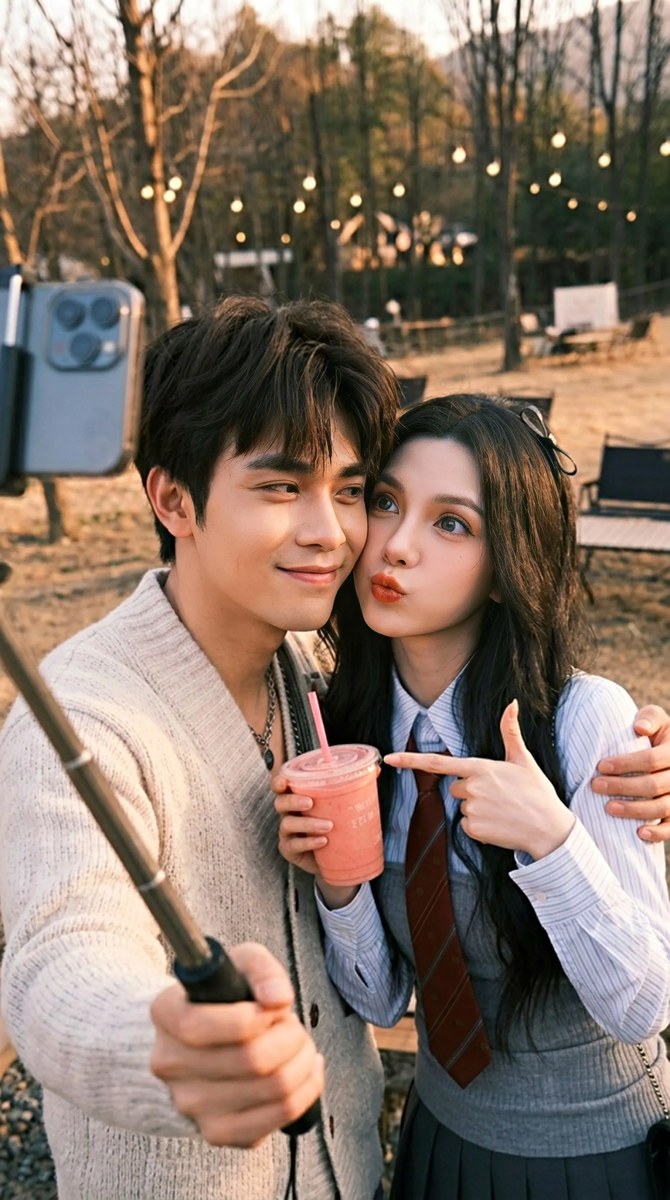 Golden-Hour Forest Café Couple Selfie output 7