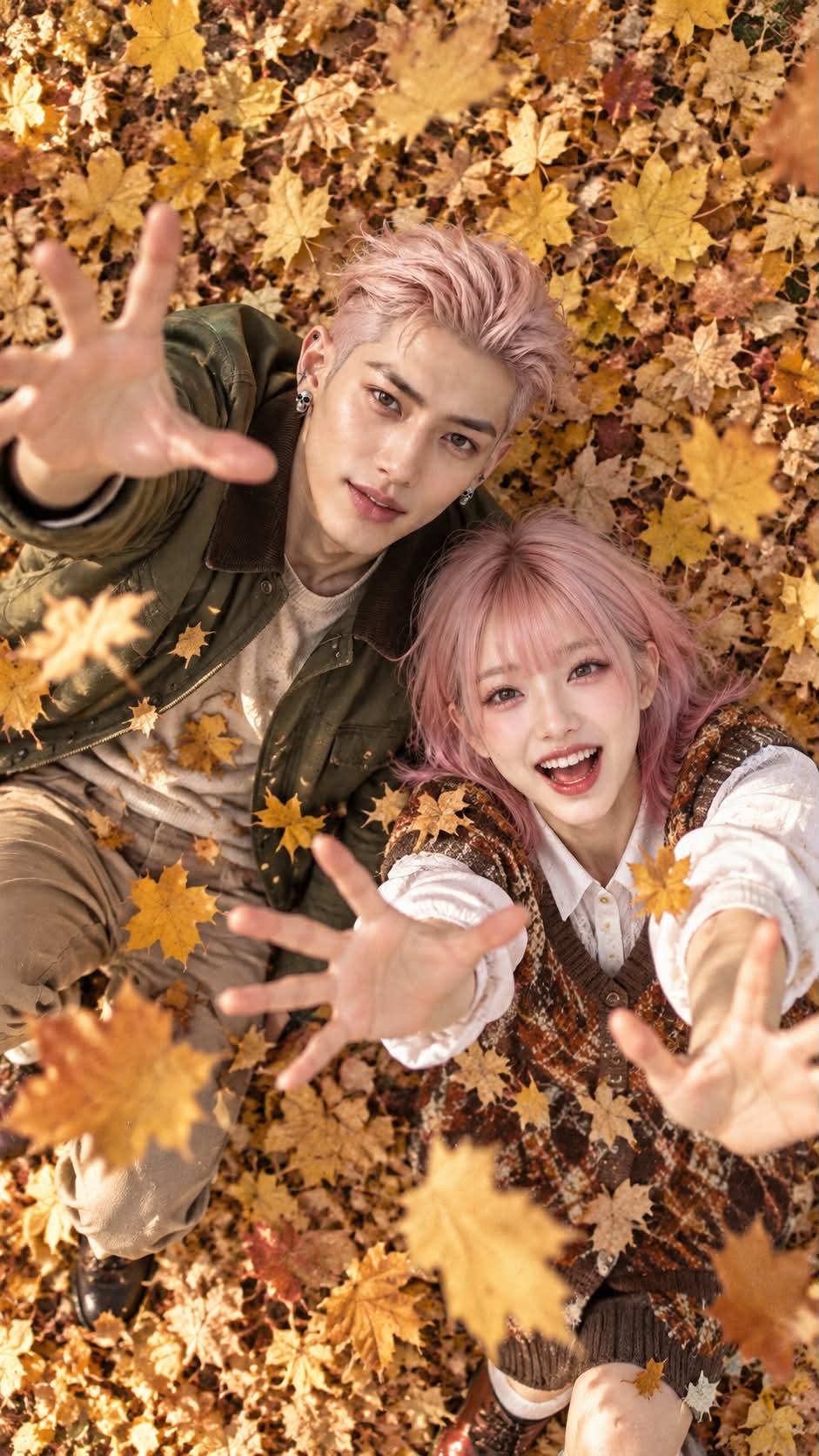 Overhead Autumn Leaves Couple Photo