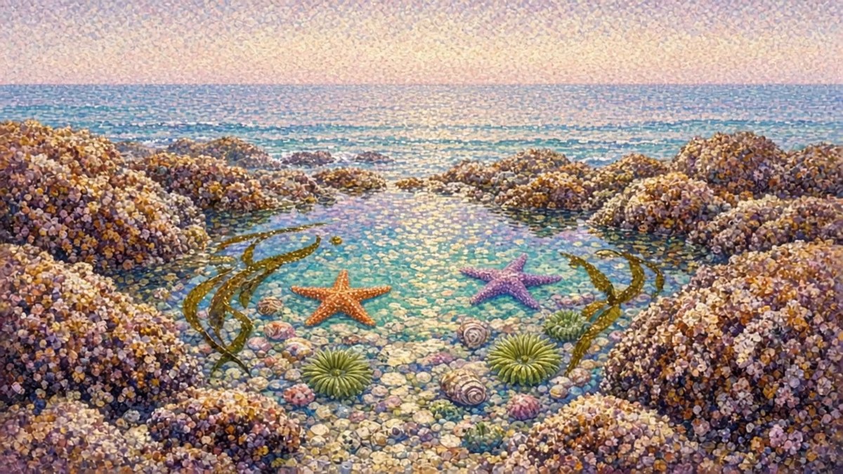 Pointillist Painting of a Rocky Tide Pool with Starfish and Sea Anemones