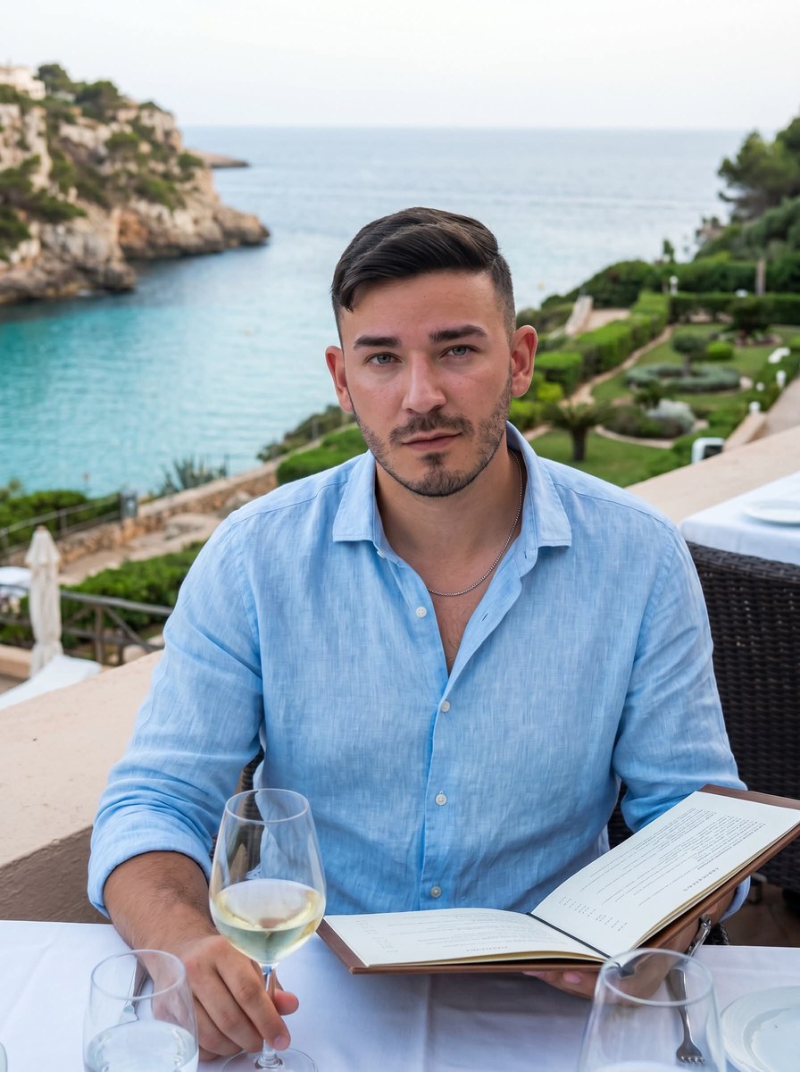 Mediterranean Blue-Hour Luxury Dining Portrait