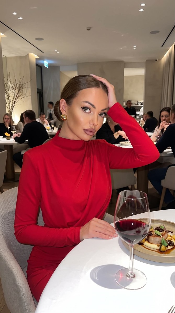 Realistic Restaurant Portrait of a Woman in a Red Dress output 2