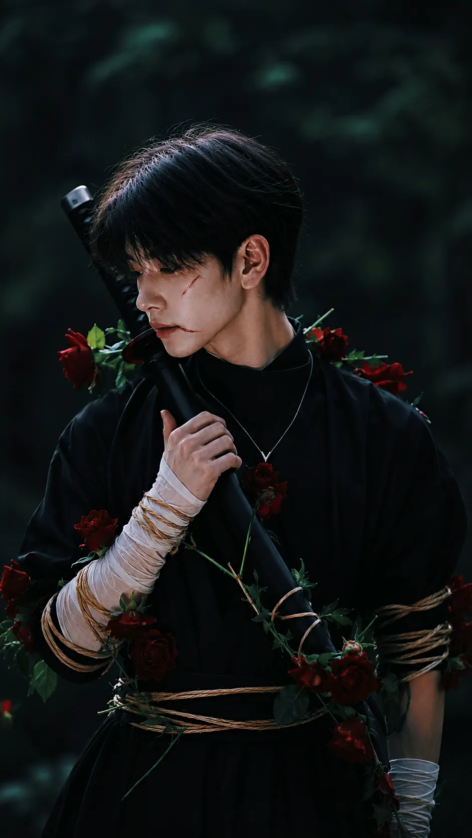 Cinematic Forest Portrait with a Katana and Crimson Roses