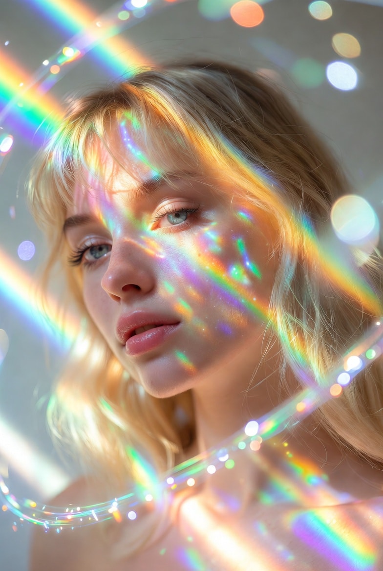 A blonde woman in a dreamy