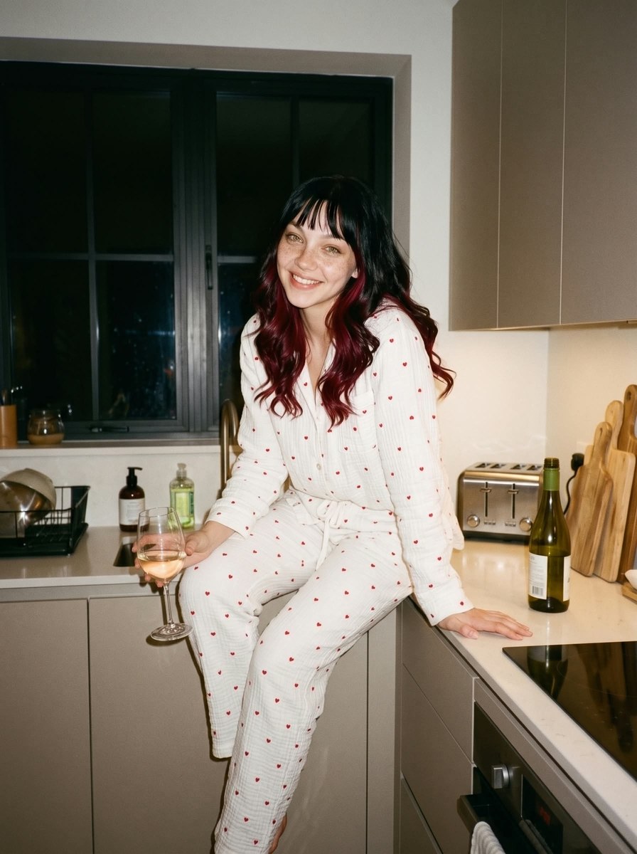 Vintage Kitchen Portrait with Wine and Heart-Print Pajamas output 3