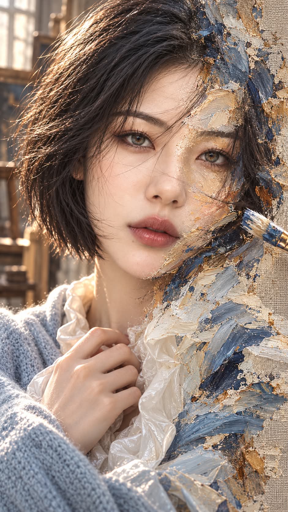 Born from the Brush: Photorealistic and Oil-Painted Portrait output 1
