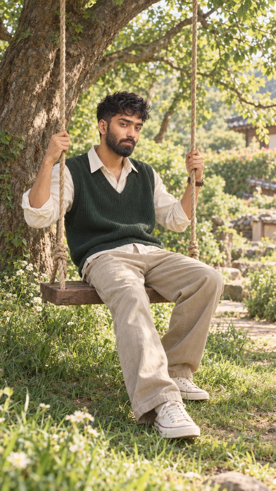 Golden-Hour Garden Rope Swing Portrait