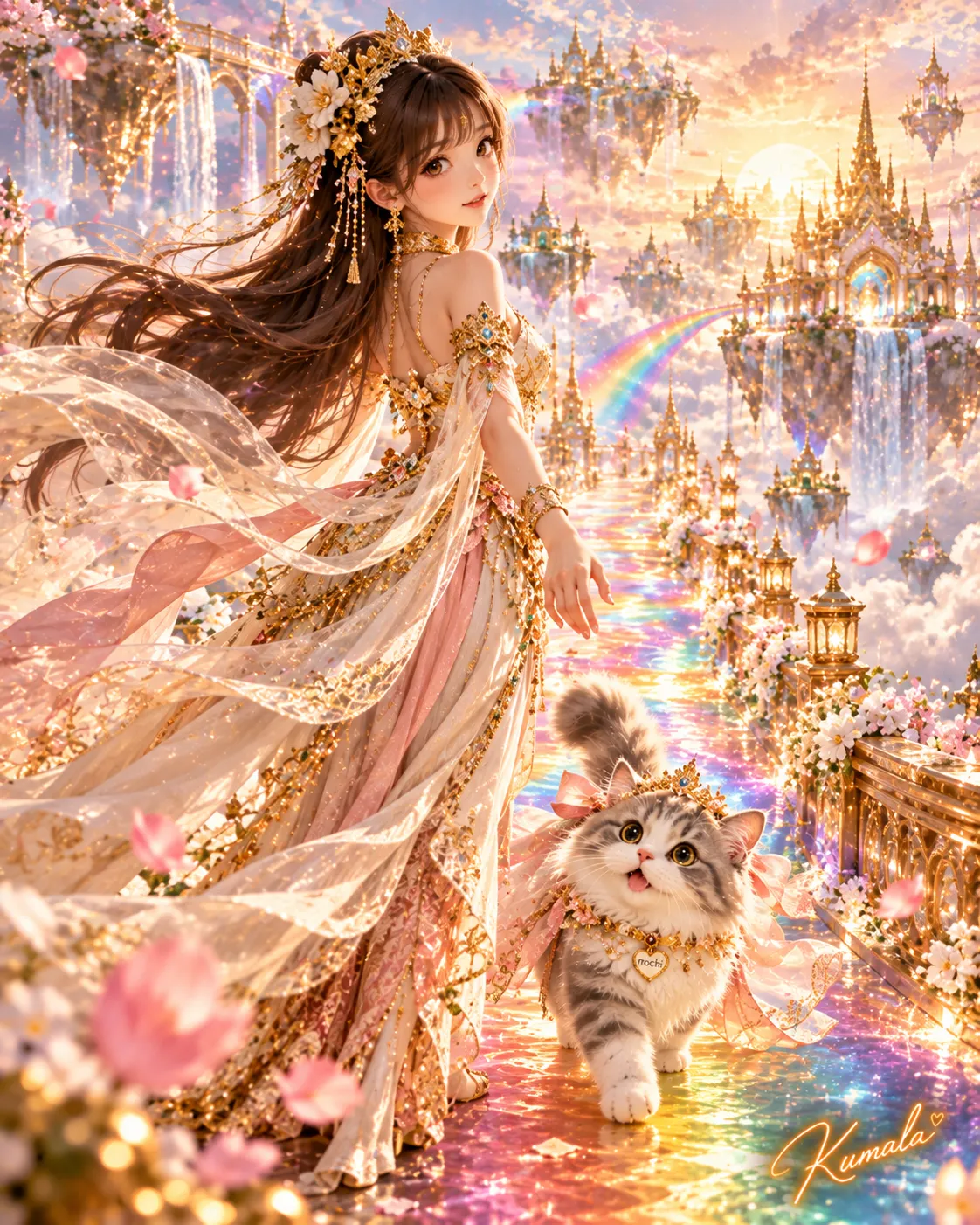 Kumala and Mochi on a Celestial Rainbow Bridge