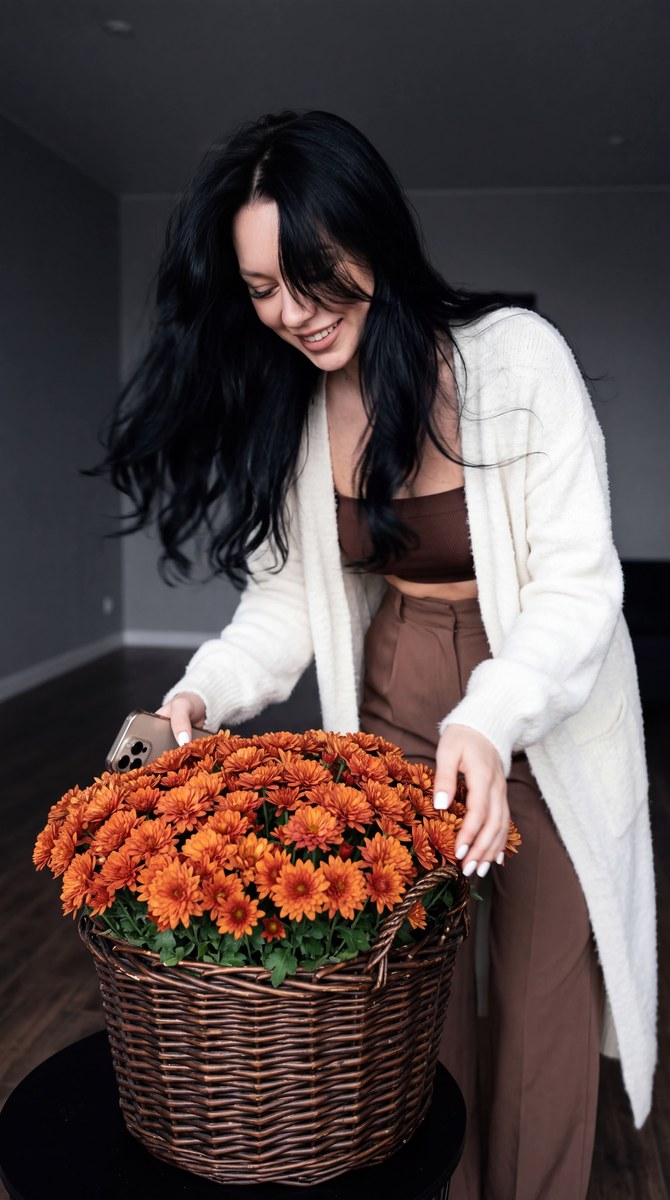 Candid Autumn Chrysanthemum Basket Portrait