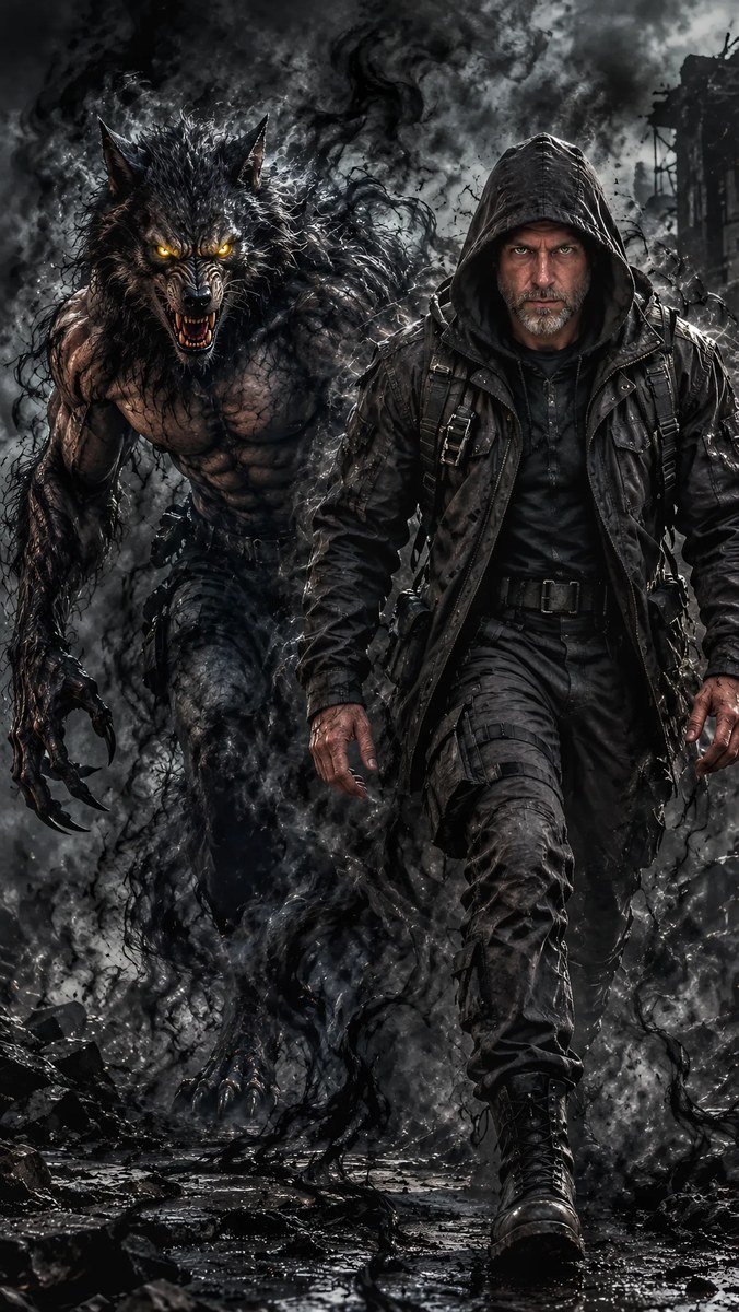 Man and Werewolf Emerging from Dark Smoke