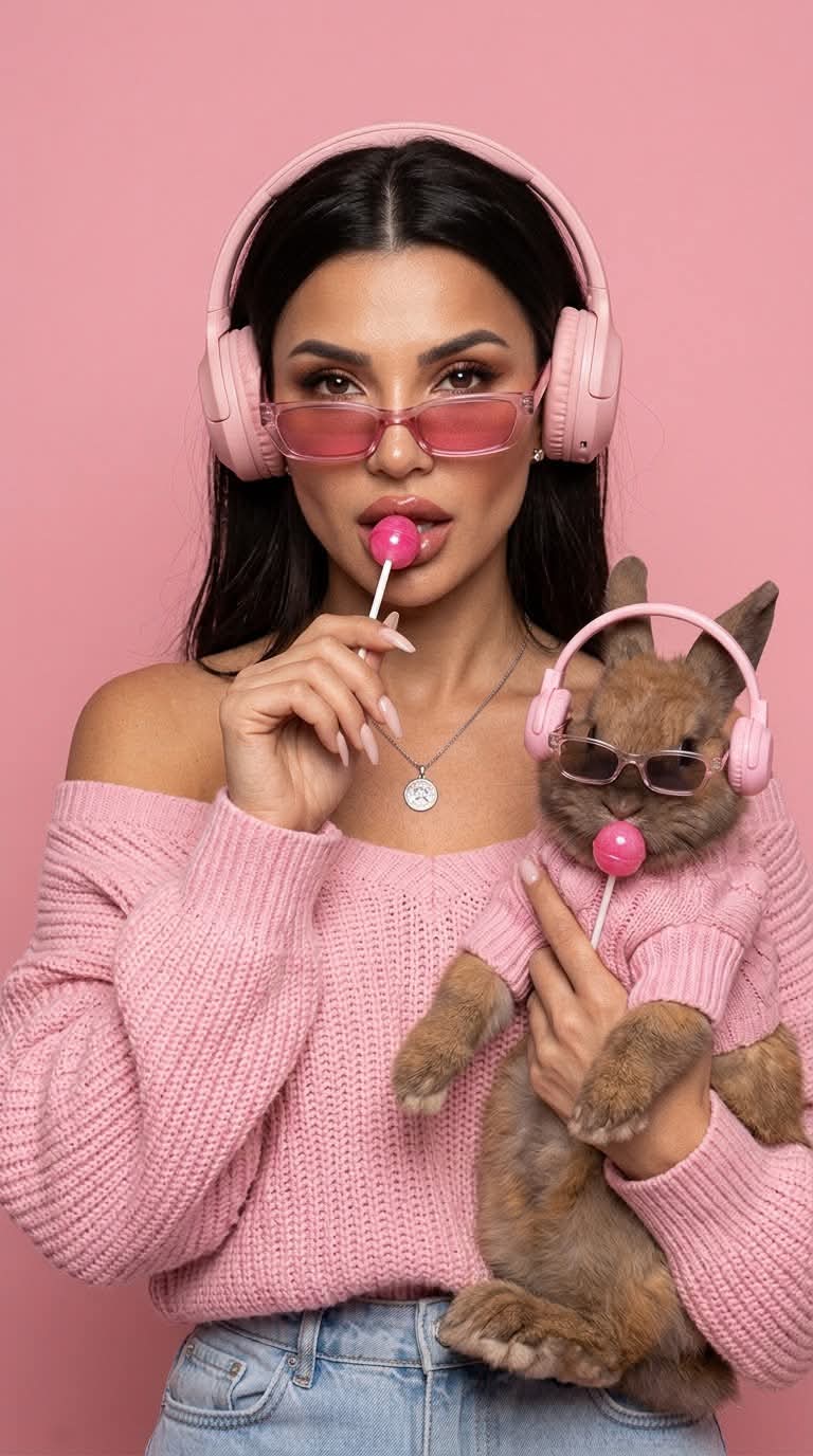 Pink Studio Selfie with a Cat