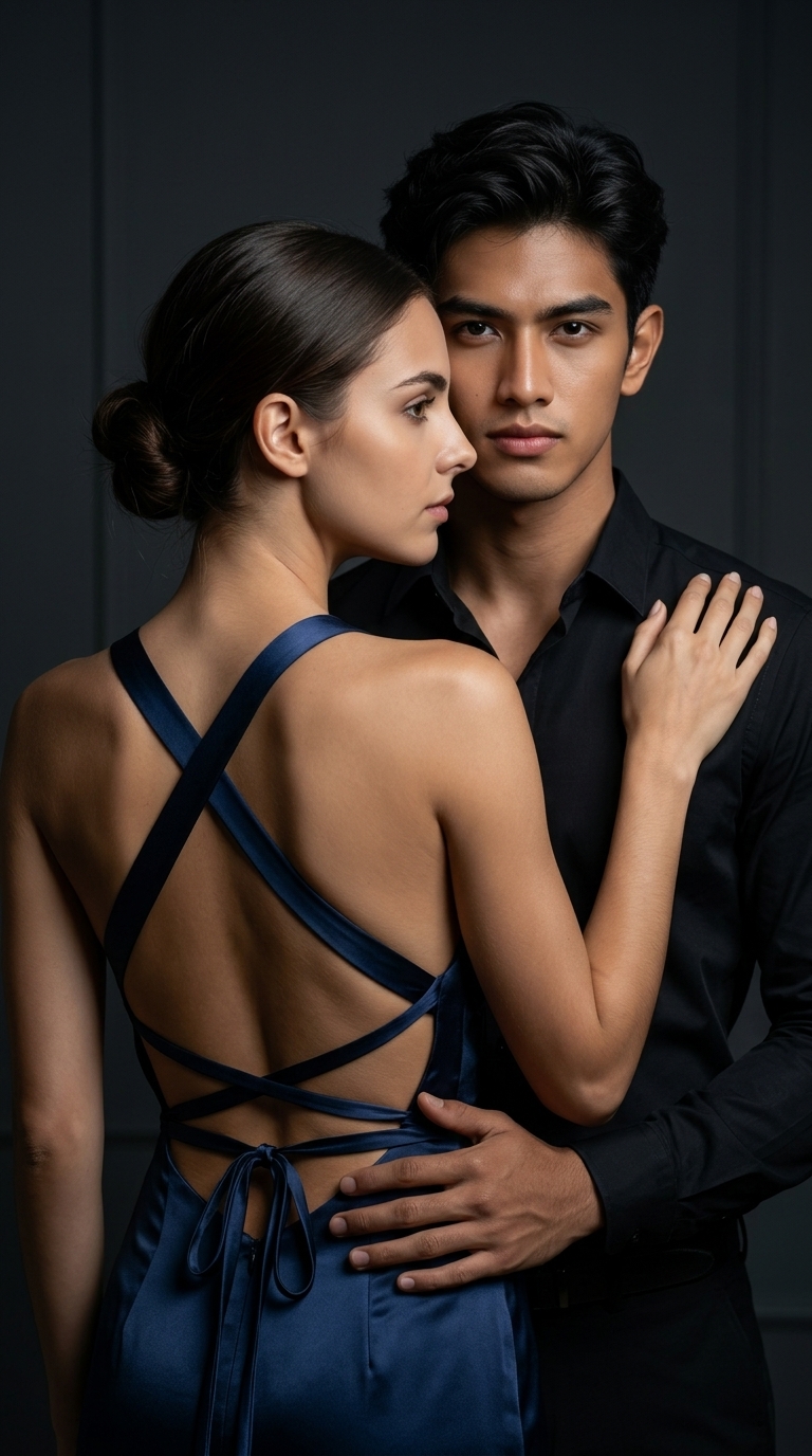Cinematic Midnight-Blue Satin Couple Portrait output 2