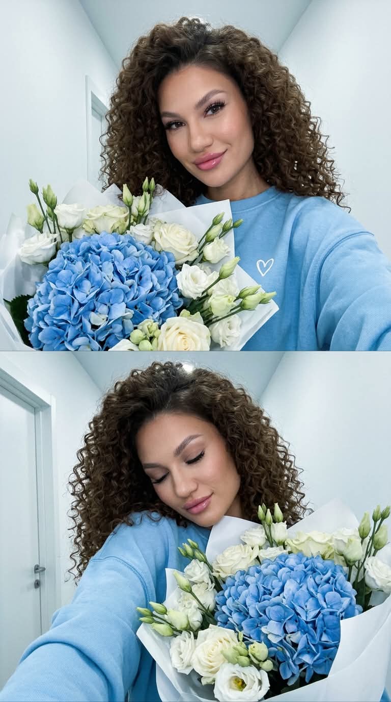 Two-View Blue Hydrangea Bouquet Selfie
