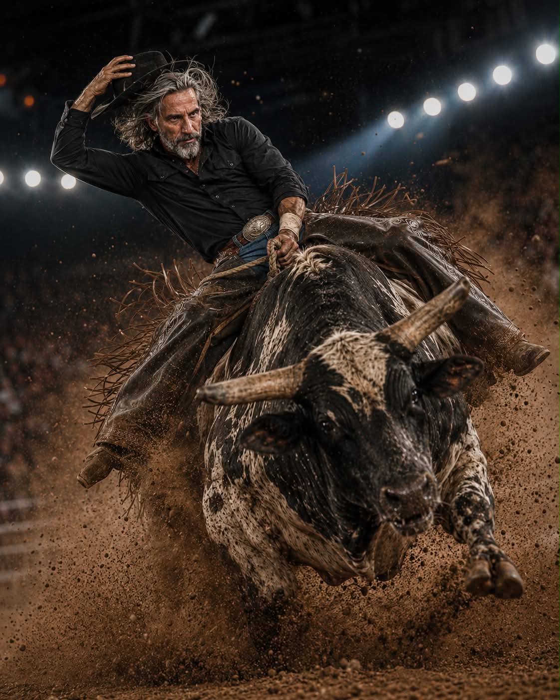 Cinematic Rodeo Bull Rider Action Photo