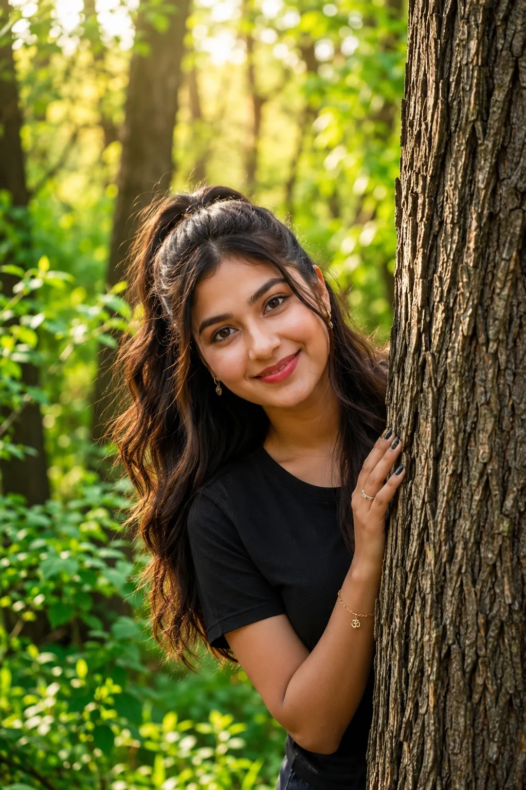 Woman Peeking from Behind a Tree