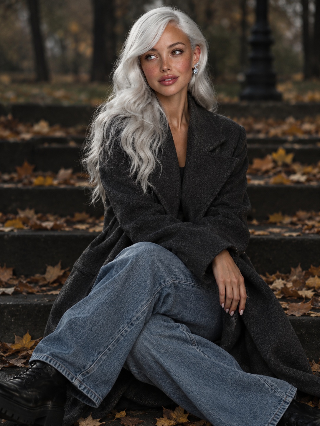 Autumn Editorial Portrait on a Leaf-Covered Staircase