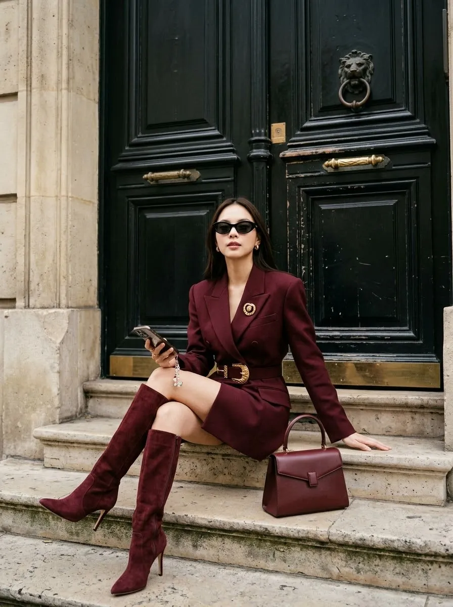 Burgundy Luxury Street-Style Fashion Portrait