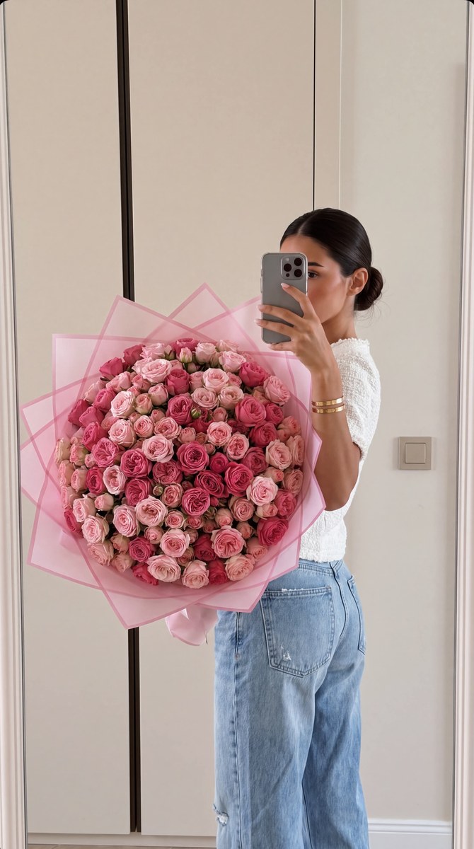 Mirror Selfie with a Bouquet of Pink Roses