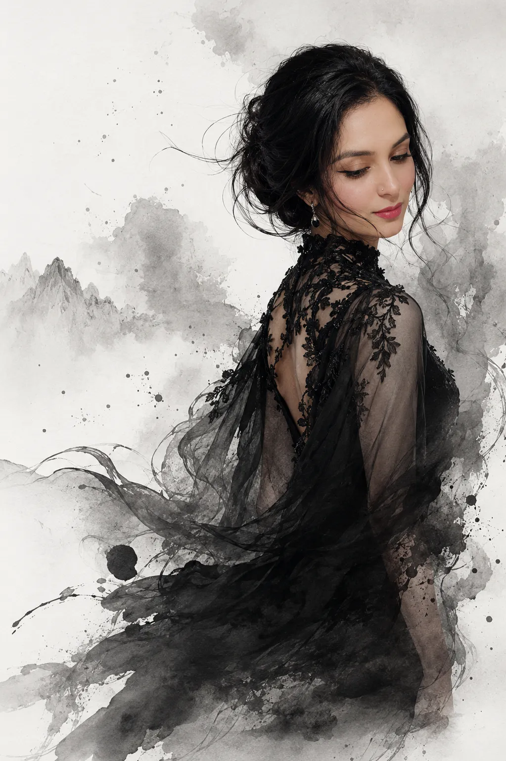 Photorealistic Chinese Ink-Wash Fashion Portrait output 1
