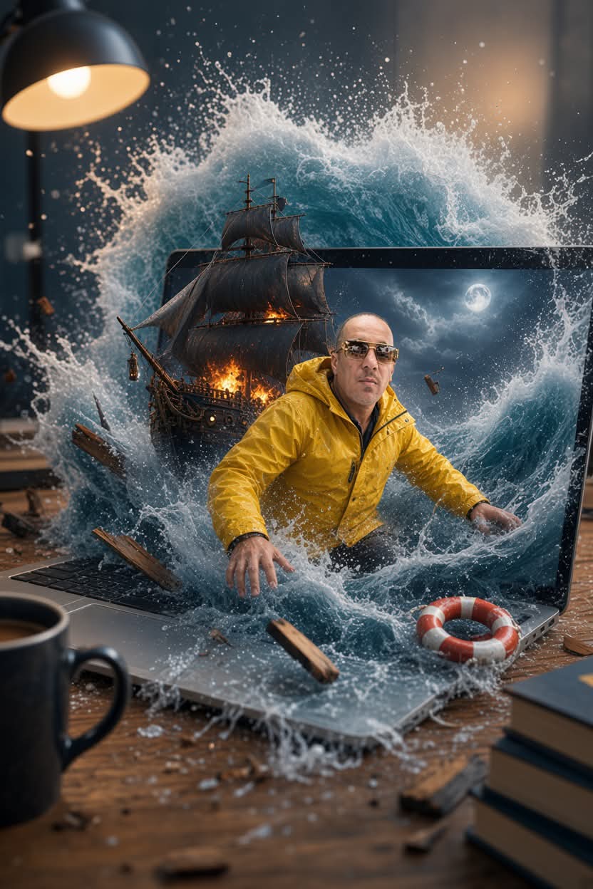 Tiny Man Swept by an Ocean Emerging from a Laptop output 1