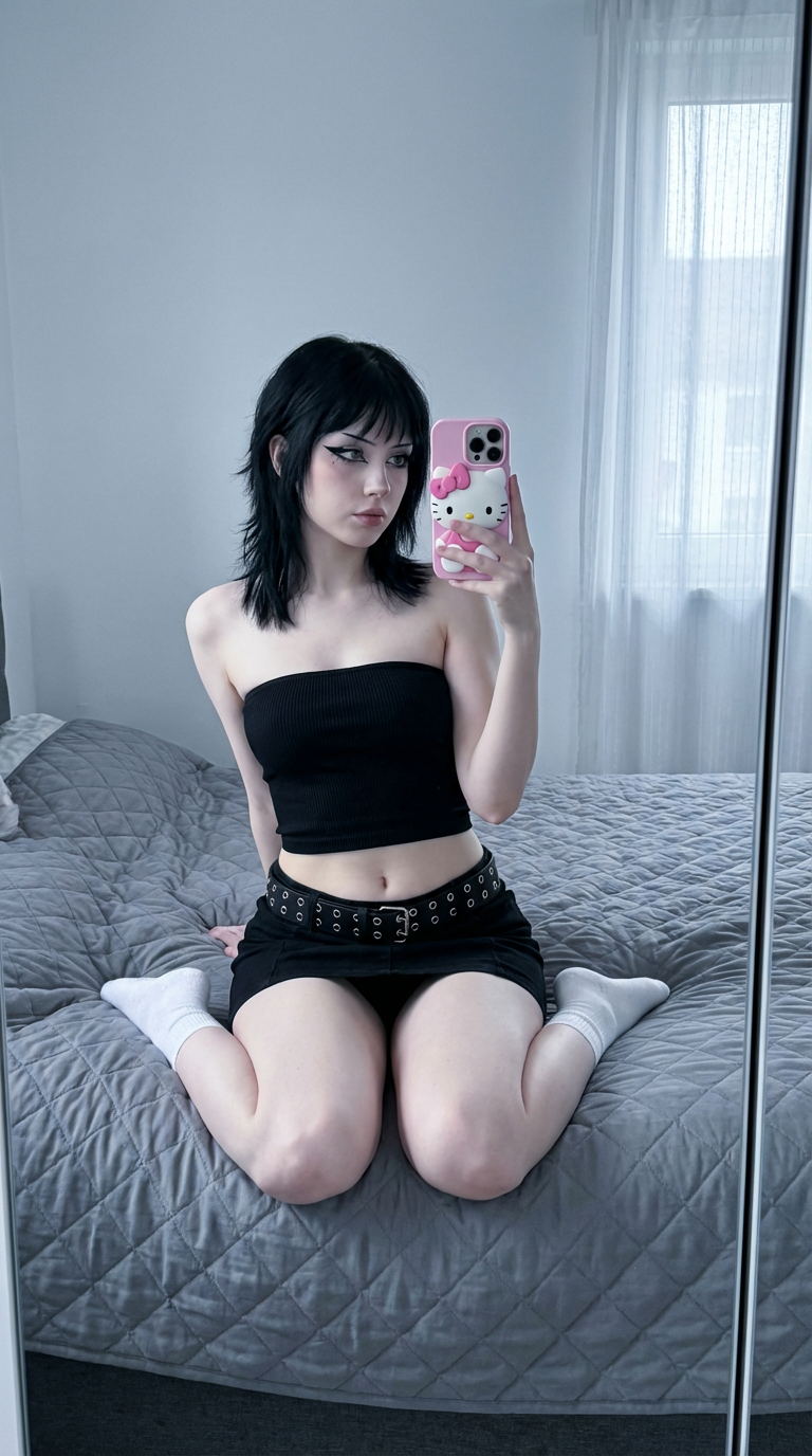 E-Girl Mirror Selfie in a Minimalist Goth Bedroom