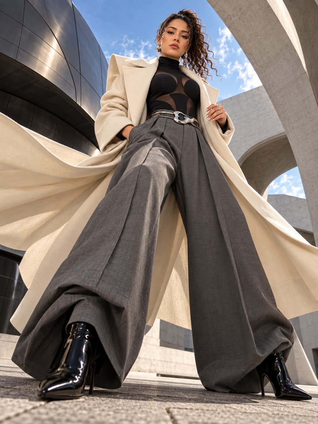 Avant-Garde Power Dressing Against Brutalist Architecture output 2