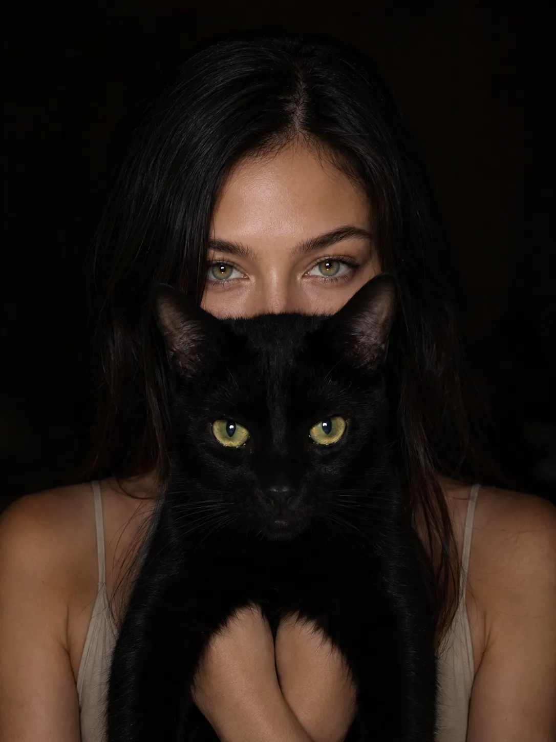 Photorealistic Dark Portrait with a Black Cat