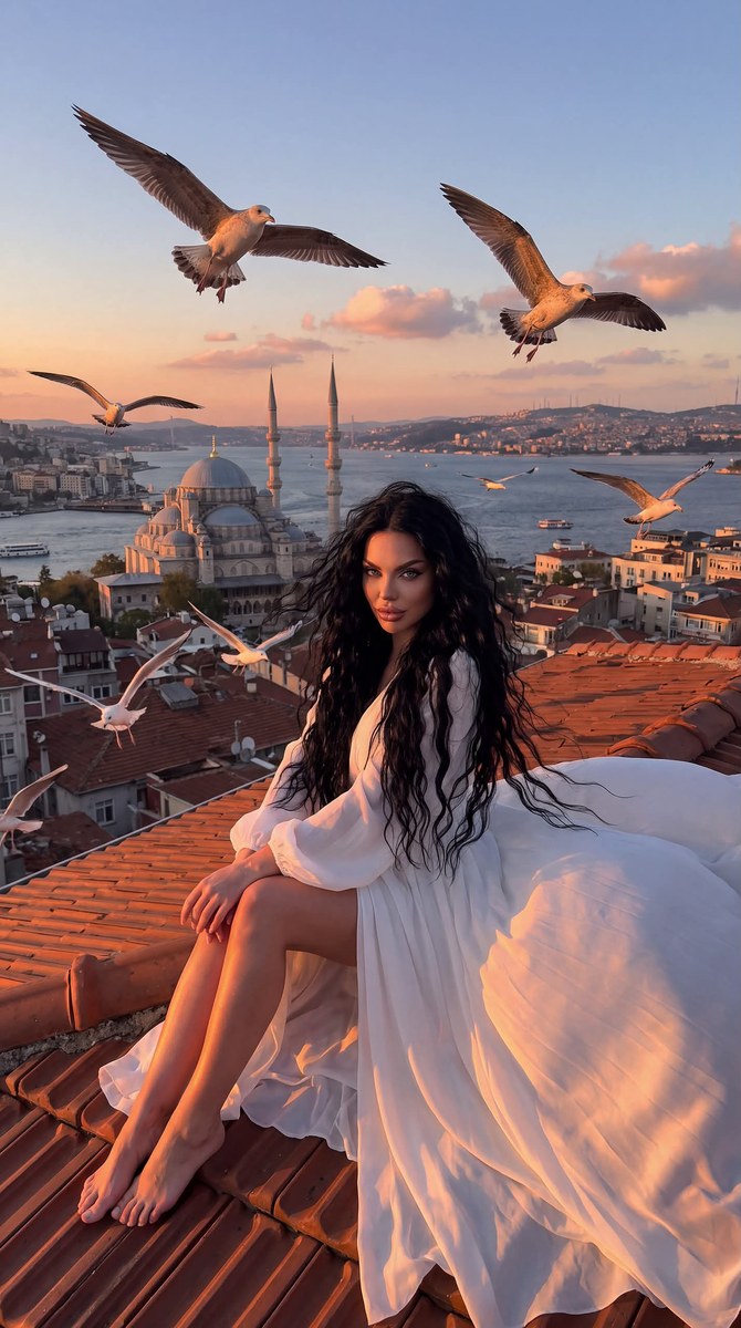 Cinematic Istanbul Rooftop Portrait with Seagulls output 1